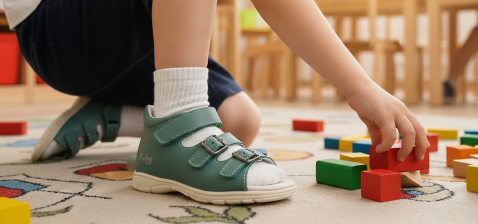 Szupinált benti cipő kisgyermekeknek, játék közben.