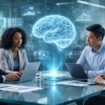 Vállalati csapatok AI-vezérelt döntéseket szemléltető irodai konferenciahelyszín grafikákkal és adatelemzéssel