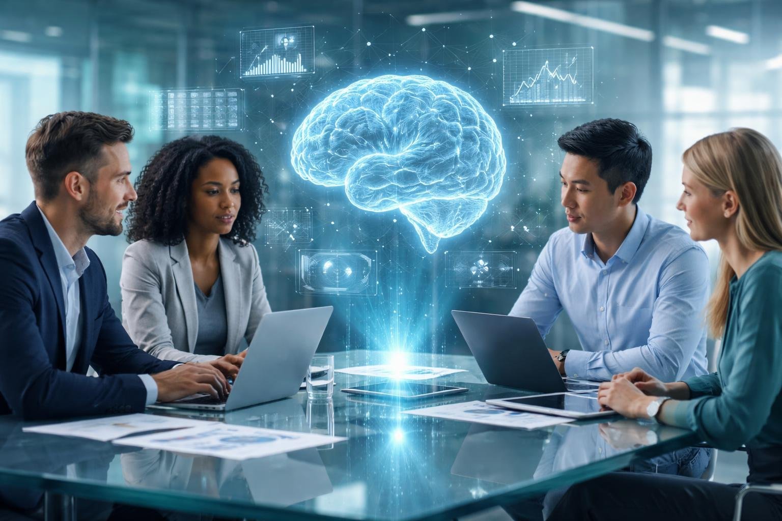 Vállalati csapatok AI-vezérelt döntéseket szemléltető irodai konferenciahelyszín grafikákkal és adatelemzéssel