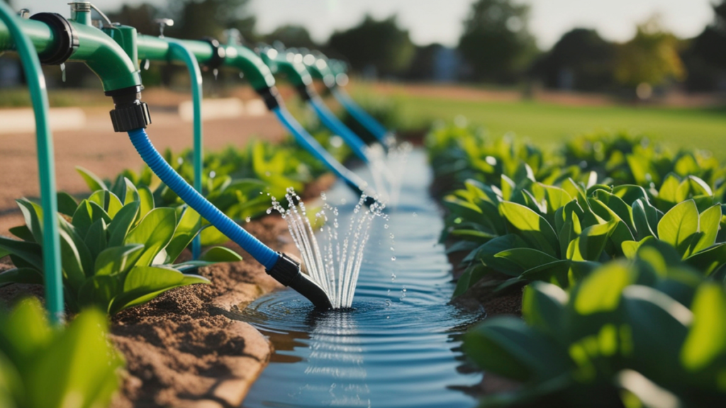 Csepptöltő rendszer öntözés közben, zöld növények között.