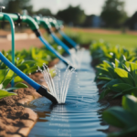 Csepptöltő rendszer öntözés közben, zöld növények között.