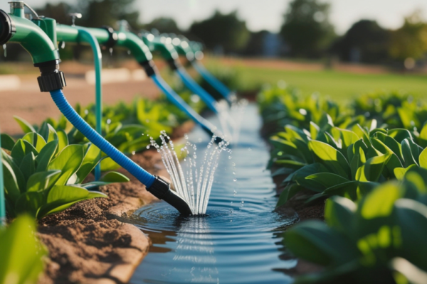 Csepptöltő rendszer öntözés közben, zöld növények között.