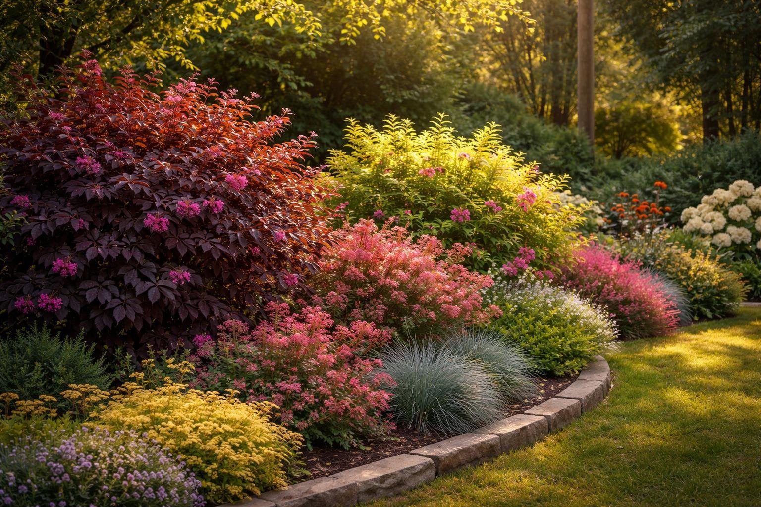 Színes díszcserjék kavalkádja egy látványos kerti sarokban lombtakaróval és virágdíszekkel.