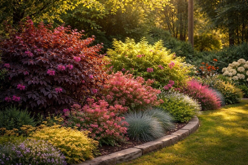 Színes díszcserjék kavalkádja egy látványos kerti sarokban lombtakaróval és virágdíszekkel.