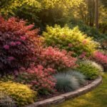 Színes díszcserjék kavalkádja egy látványos kerti sarokban lombtakaróval és virágdíszekkel.