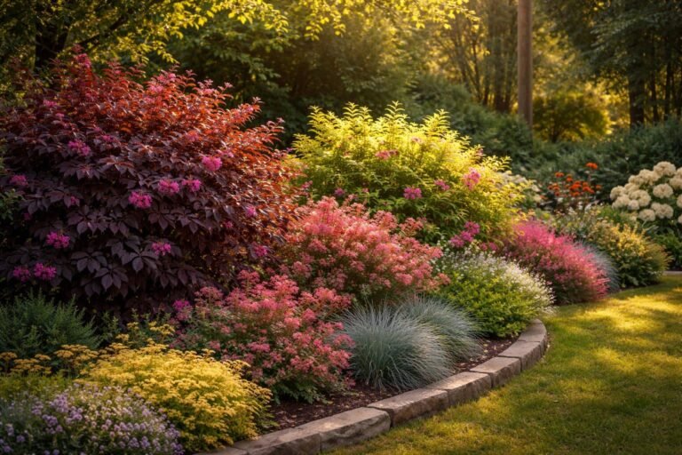 Színes díszcserjék kavalkádja egy látványos kerti sarokban lombtakaróval és virágdíszekkel.